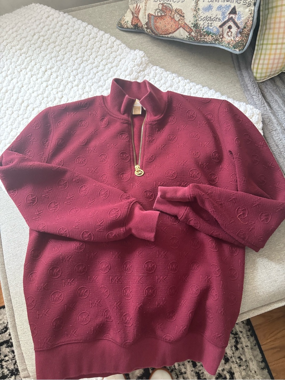 Michael Kors Wine Embossed Quarter-Zip Logo Sweater